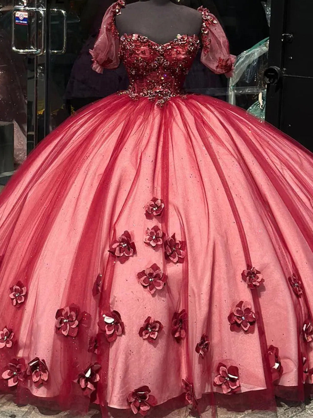 Burgundy Red Quinceanera Dress 3D Floral Applique Sweetheart Neckline Tulle Ball Gown for Sweet 15 & 16 Celebrations