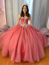 Exquisite Off-Shoulder Beaded Watermelon Pink Tulle Quinceanera Dress Sweet 16 Princess Gown