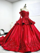 Off-Shoulder Long Sleeve Red Satin Quinceanera Dress with Floral Lace Appliques Perfect for Sweet 16 Celebrations