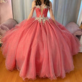 Exquisite Off-Shoulder Beaded Watermelon Pink Tulle Quinceanera Dress Sweet 16 Princess Gown