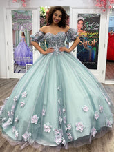 Off-Shoulder Ball Gown with Puff Sleeves 3D Floral Lace Appliques & Beaded Blue Tulle Perfect for Quinceanera & Sweet 16 Formal Events