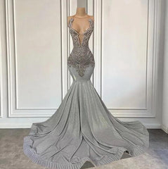 Newinlook Silver Halter Mermaid Sleeveless Long Evening Dress With Beadings