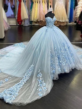 Sky Blue Off-Shoulder Ball Gown with 3D Floral Appliques & Sweep Train Perfect for Quinceanera & Sweet 16