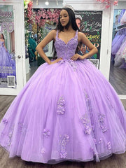 Lilac Ball Gown Sweetheart Neckline Strapless Lace Applique Tulle Quinceanera Dress for Princess Birthday Party or Sweet 16