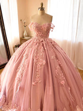 Exquisite Off-Shoulder Ball Gown 3D Floral Lace Appliques & Beaded Pink Satin Quinceanera Dress for Sweet 16