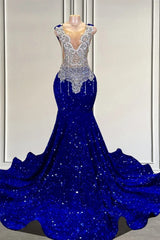 Fabulous Royal Blue Sleeveless Long Mermaid Prom Dresses with Beads and Sequins