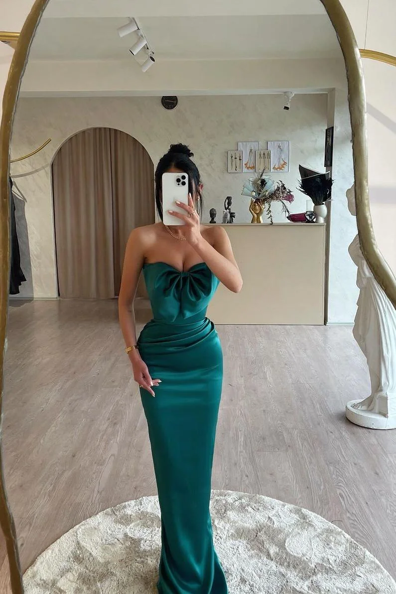 Strapless Sleeveless Long Mermaid Formal Dress With Bowknot Pleated