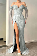 Newinlook Blue Long Sleeves Off-The-Shoulder Sequins Evening Dress Sweetheart With Split Mermaid