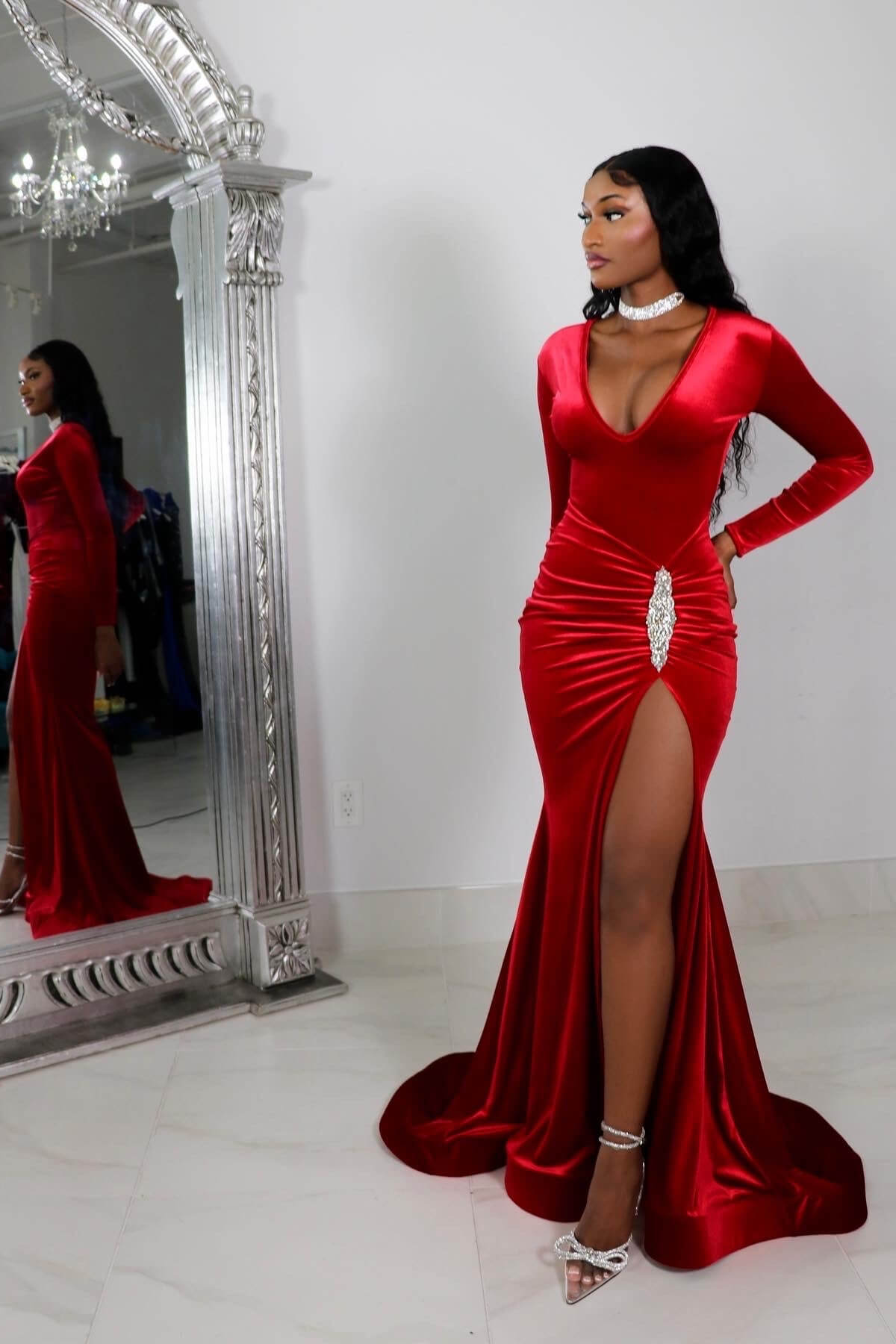 Newinlook Red Long Sleeves Charming Evening Dress With Split