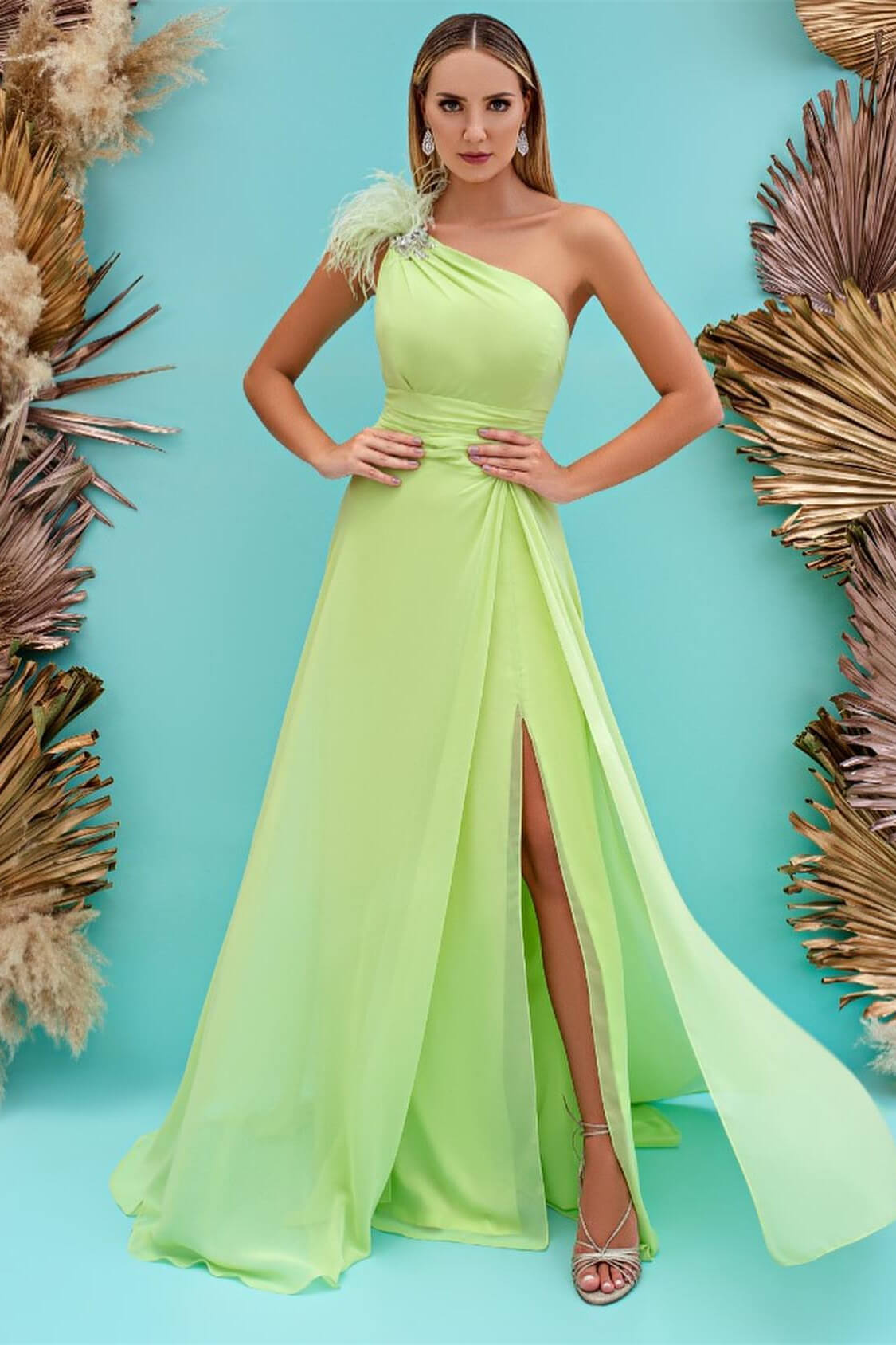 Newinlook Front Split Mermaid One Shoulder Evening Dress With Feather Light Green