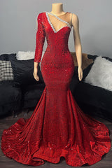 Newinlook Stunning Red Sequins One Shoulder Long Sleeve Mermaid Evening Dress Long