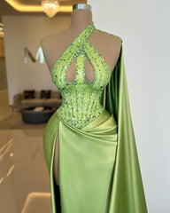 Newinlook Elegant Sleeveless Apple Green Sequins Beads Split Evening Dress With Long Ruffle
