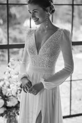 Newinlook White V-Neck Split Long Wedding Evening Dress With Sleeves