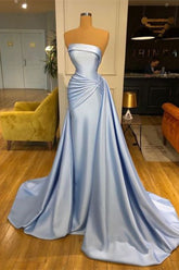 Newinlook Strapless Elegant Baby Blue Mermaid Evening Dress Long With Ruffle