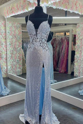 Charming V Neck Spaghetti Strap Sleeveless Formal Dress Split With Appliques