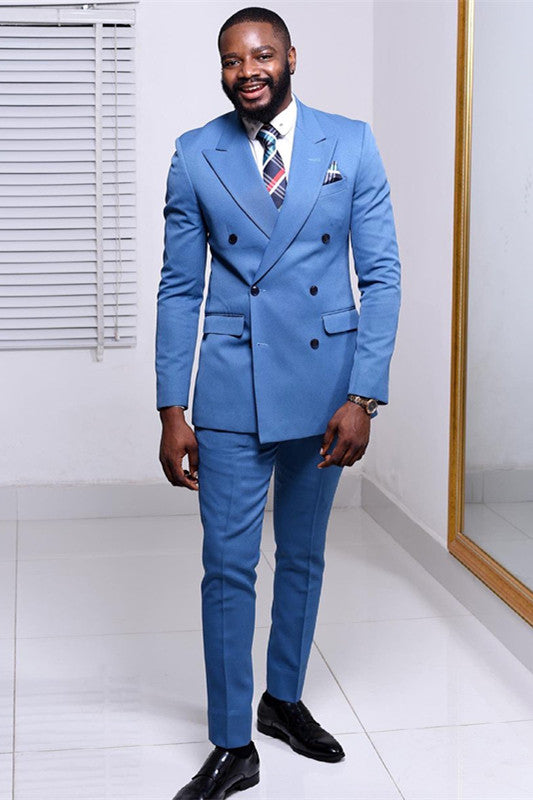 Newinlook Fashionable Blue Double-Breasted Western Wedding Suit with Peaked Lapel