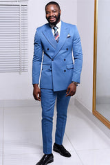 Newinlook Fashionable Blue Double-Breasted Western Wedding Suit with Peaked Lapel
