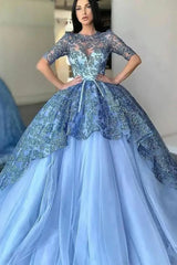 Newinlook Gorgeous Jewel Ball Gown Lace Evening Dress Half Sleeves With Tulle Appliques