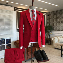Newinlook New Red Three-Piece Suit with Peaked Lapel for Men's Wedding