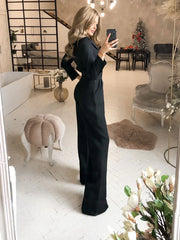 Newinlook Graceful V-Neck Long Sleeves Black Jump Suit