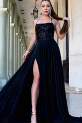 Newinlook Spaghetti-Straps Dark Navy Evening Dress With Slit