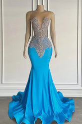 Designer Ocean Blue Sleeveless Mermaid Long Formal Dresses with Beads