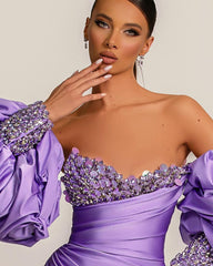 Newinlook Elegant Purple Bubble Sleeves Sequins Evening Dress