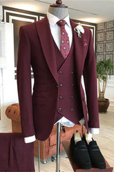 Newinlook Modern Burgundy Three-Piece Groom Suit with Peaked Lapel for Prom