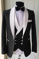 Newinlook Black Three-Piece Wedding Suit with White Shawl Lapel for Men’s Parties