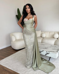 Newinlook Elegant One Shoulder Mermaid Sequins Evening Dress Ball Gown With Ruffles