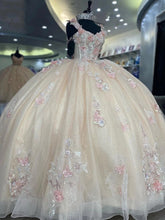 Champagne Tulle Quinceanera Dress Strapless Ball Gown with 3D Floral Lace & Sweep Train for Sweet 16 & Princess Galas