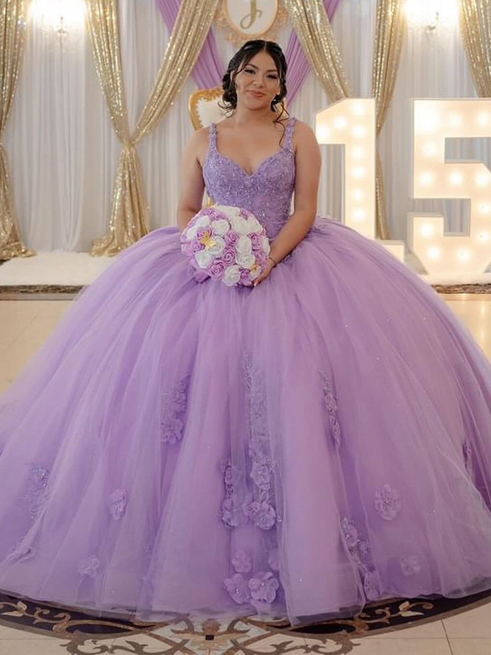 Lilac Tulle Quinceanera Dress Sweetheart Ball Gown with Lace Appliques & Beaded Details for Sweet 16 & Evening Galas