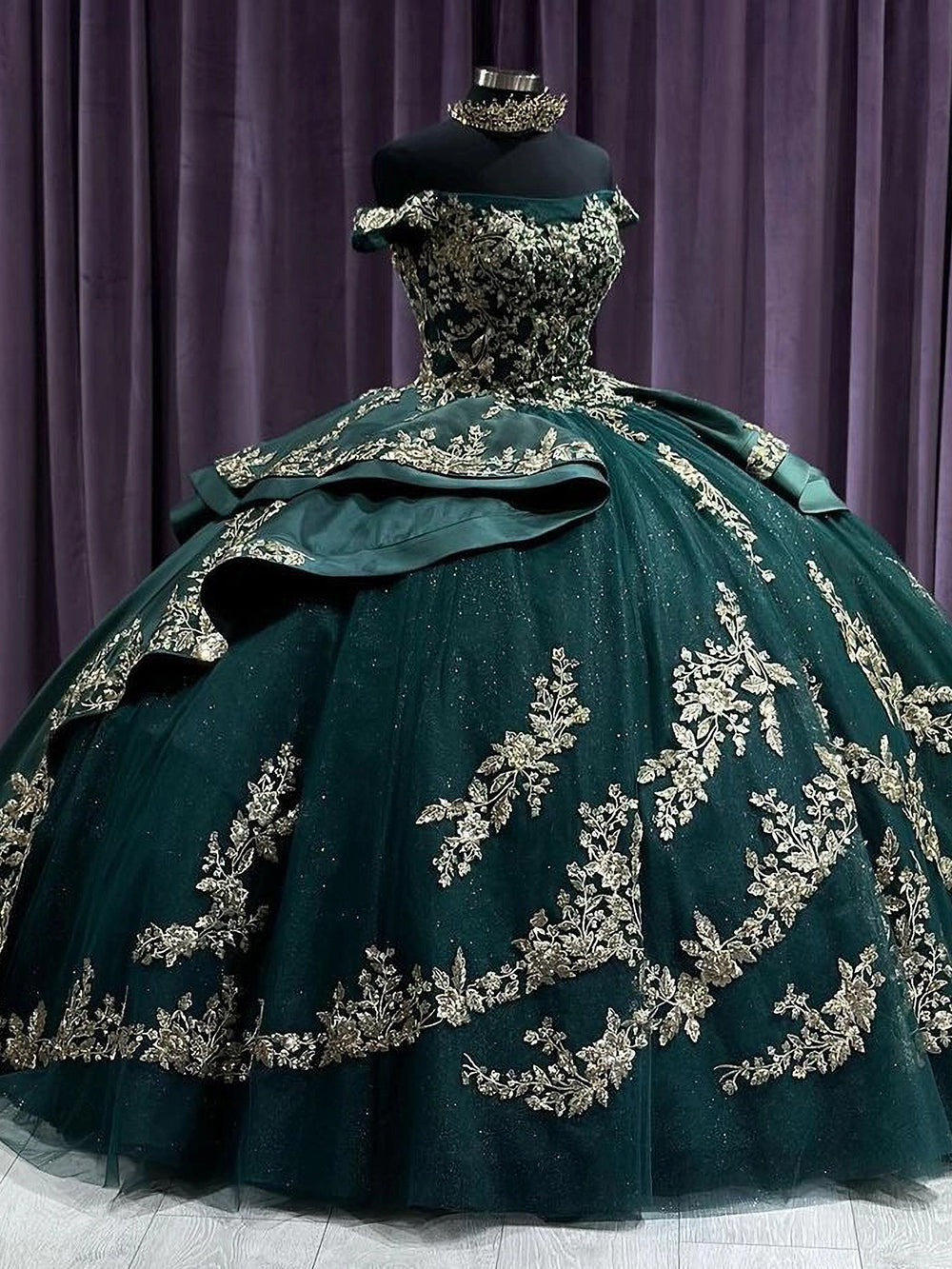 Off-Shoulder Ball Gown Beaded Lace Appliques on Emerald Tulle for Quinceanera Sweet 16 & Formal Events