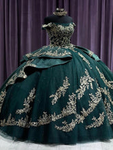 Off-Shoulder Ball Gown Beaded Lace Appliques on Emerald Tulle for Quinceanera Sweet 16 & Formal Events