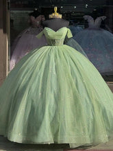 Sage Green Off-Shoulder Ball Gown with Beaded Detailing & Glitter Tulle Skirt Perfect for Quinceanera Sweet 16 and Formal Evening Events