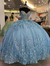 Light Blue Off-Shoulder Ball Gown with 3D Floral Appliques Tiered Tulle Quinceanera Dress for Sweet 16 & Formal Evenings