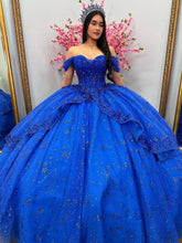 Royal Blue Off-Shoulder Ball Gown Tiered Glitter Tulle Lace Appliques & Beaded Details for Quinceanera Sweet 16 & Evening Galas