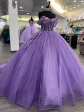 Exquisite Off-Shoulder Ball Gown with 3D Floral Lace Appliques Purple Tulle Quinceanera Dress for Sweet 16 & Birthday Celebrations