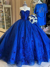 Royal Blue Quinceanera Dress Off-Shoulder Ball Gown with 3D Flower Lace & Glitter Tulle for Sweet 16 & Princess Parties
