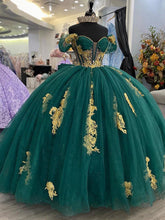 Emerald Green Off-Shoulder Ball Gown Puffy Sleeves Floral Lace Appliques Tulle Princess Quinceanera Dress for Sweet 16