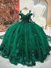 Emerald Green Off-Shoulder Ball Gown 3D Floral Appliques & Beaded Tulle Quinceanera Dress for Sweet 16 & Weddings