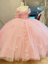 Off-Shoulder Ball Gown with Floral Lace Appliques Baby Pink Tulle Quinceanera Dress for Sweet 16 & Princess Birthday Parties