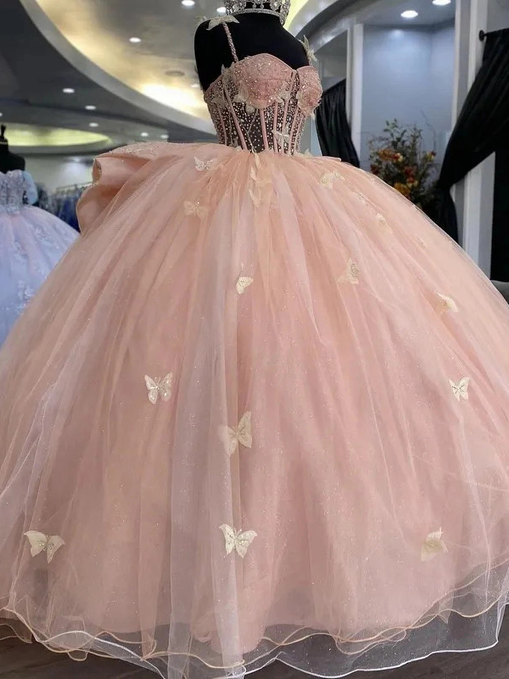 Strapless Pink Tulle Ball Gown with 3D Butterflies & Bow Knot Quinceanera & Sweet 16 Princess Dress