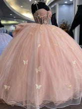 Strapless Pink Tulle Ball Gown with 3D Butterflies & Bow Knot Quinceanera & Sweet 16 Princess Dress