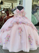 Pink Tulle Quinceanera Dress V-Neck Ball Gown with Floral Lace Beaded Ruffles & Bow Detail for Sweet 16