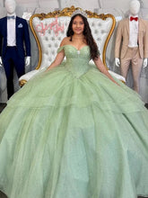 Sage Green Off-Shoulder Ball Gown Sparkling Sequins & Beaded Tulle Quinceanera Dress for Sweet 16