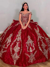 Off-Shoulder Red Tulle Quinceanera Dress Cap Sleeve Lace Applique Ball Gown for Sweet 16 Prom & Birthday Parties