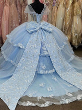 Light Blue Tulle Quinceanera Dress Sweetheart Neckline 3D Butterfly Appliques & Tiered Bow Detail for Sweet 16