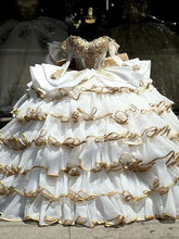 Exquisite Gold-Beaded Off-Shoulder Ball Gown Tiered Princess Evening Dress for Quinceanera & Sweet 16 Celebrations