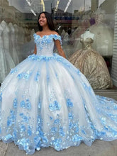 Sky Blue Quinceanera Dress Off-Shoulder Ball Gown with 3D Floral Appliques Beaded Details & Long Train for Sweet 16 or Prom